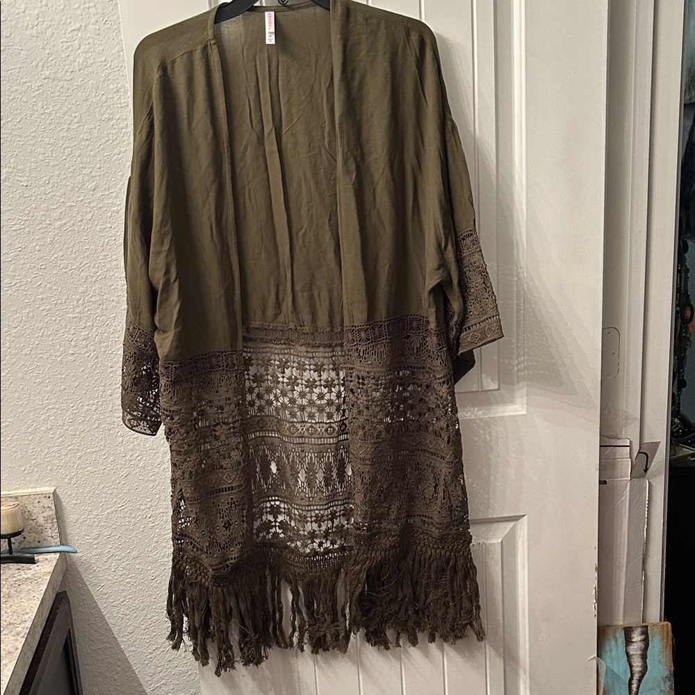 Olive Green Lace-Trimmed top with fringe Lagenlook, Whimsigoth, Dark Fairy